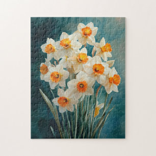 Watercolor Daffodils Teal Background Jigsaw Puzzle