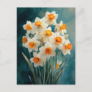 Watercolor Daffodils Teal Background Postcard