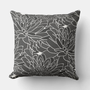 Watercolor Dahlias Grey Black White Cushion