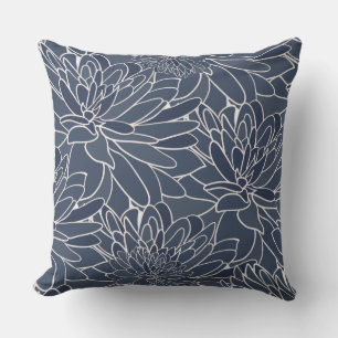 Watercolor Dahlias Navy White  Cushion