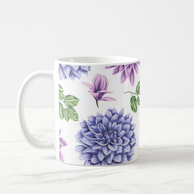Watercolor Dahlias Purple Blue Coffee Mug (Left)