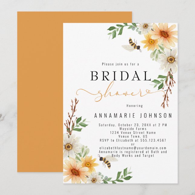 Watercolor Daisies and Bees Bridal Shower Invitation (Front/Back)