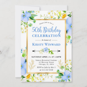 Watercolor Daisies and Blue Flowers 50th Birthday Invitation