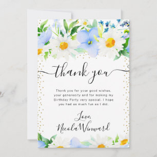 Watercolor Daisies and Blue Flowers Birthday Thank You Card