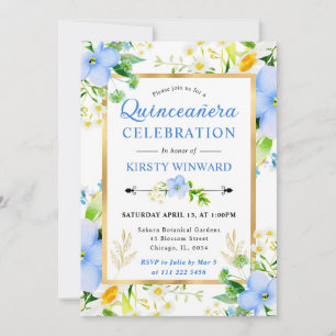 Watercolor Daisies and Blue Flowers Quinceanera Invitation