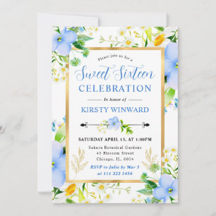 Watercolor Daisies and Blue Flowers Sweet 16 Invitation