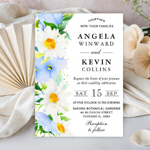 Watercolor Daisies and Blue Flowers Wedding Invitation