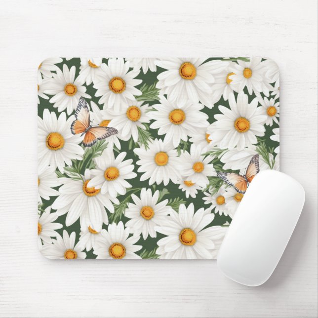 Watercolor Daisies and Butterflies Mouse Mat (With Mouse)