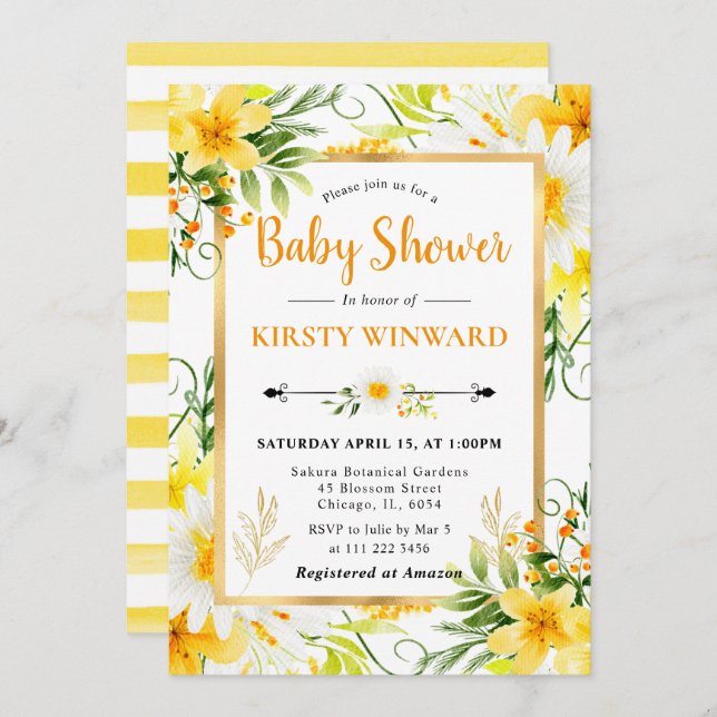 Watercolor Daisies and Yellow Flowers Baby Shower Invitation (Front/Back)