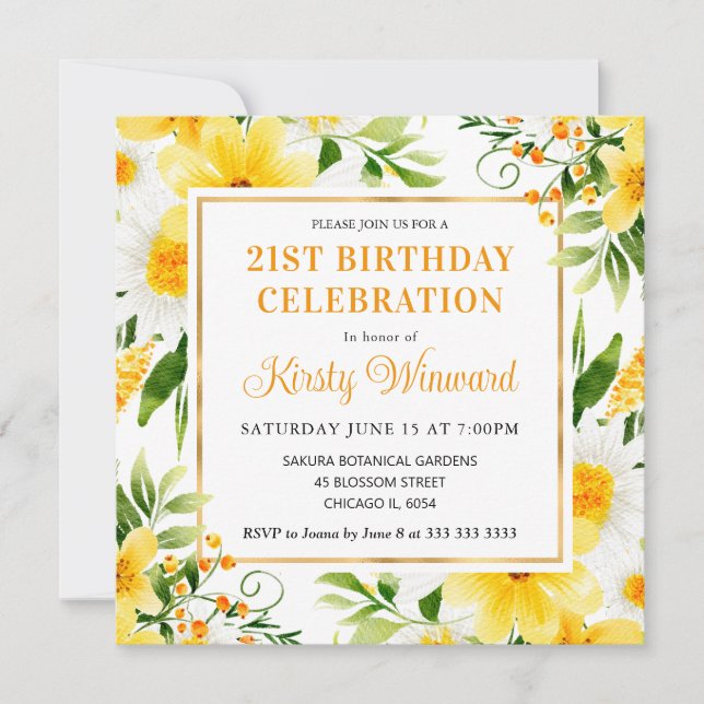 Watercolor Daisies and Yellow Flowers Birthday Invitation (Front)