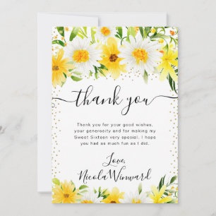 Watercolor Daisies and Yellow Flowers Sweet 16 Thank You Card