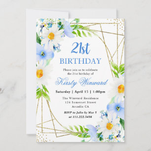 Watercolor Daisies Blue Flowers 21st Birthday Invitation