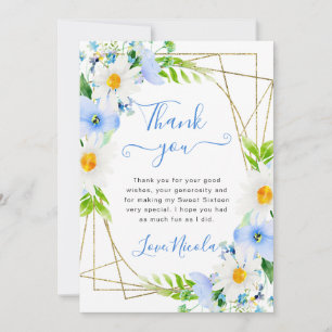 Watercolor Daisies Blue Flowers Frame Sweet 16 Thank You Card