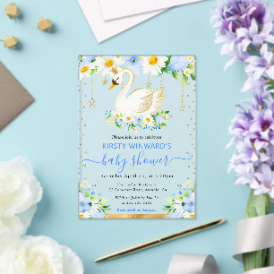 Watercolor Daisies & Blue Flowers Swan Baby Shower Acrylic Invitations