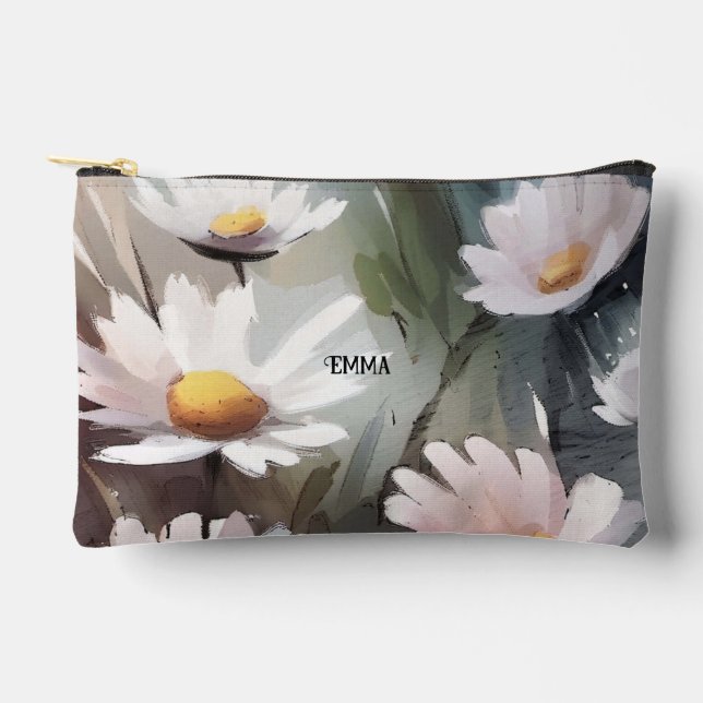 Watercolor Daisies Custom Name Accessory Pouch (Front)