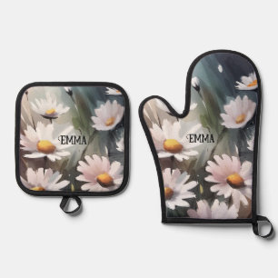 Watercolor Daisies Custom Name Oven Mitt & Pot Holder Set