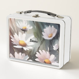 Watercolor Daisies Cute Floral Pattern Custom Name Metal Lunch Box