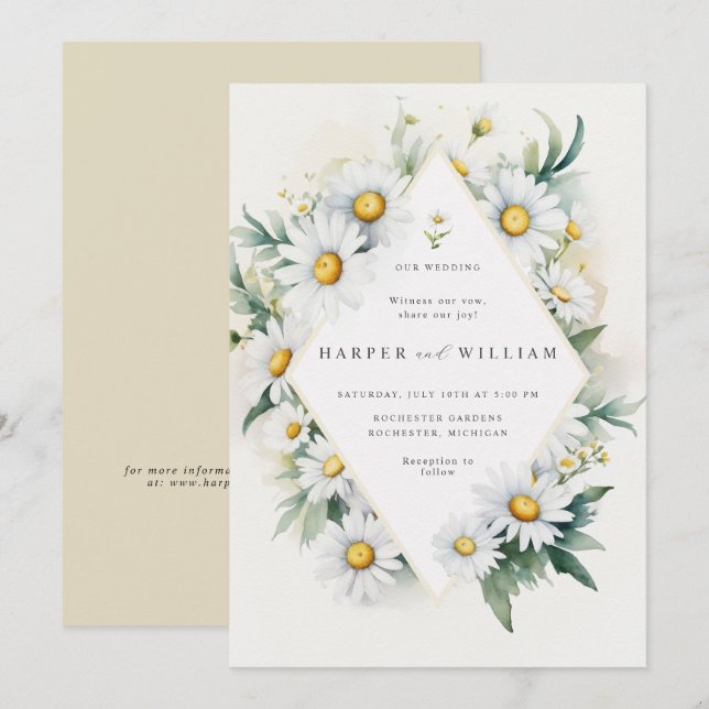 Watercolor daisies diamond wedding invitation (Front/Back)