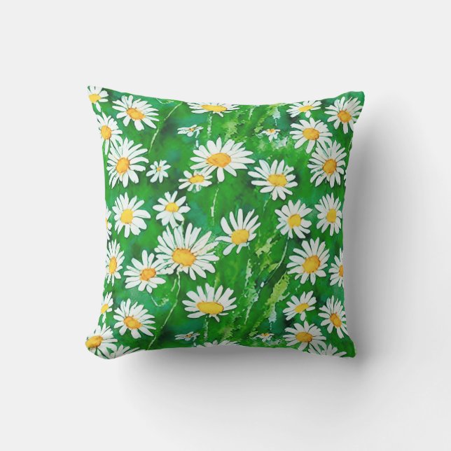 Watercolor Daisies in a Green Field Cushion (Front)