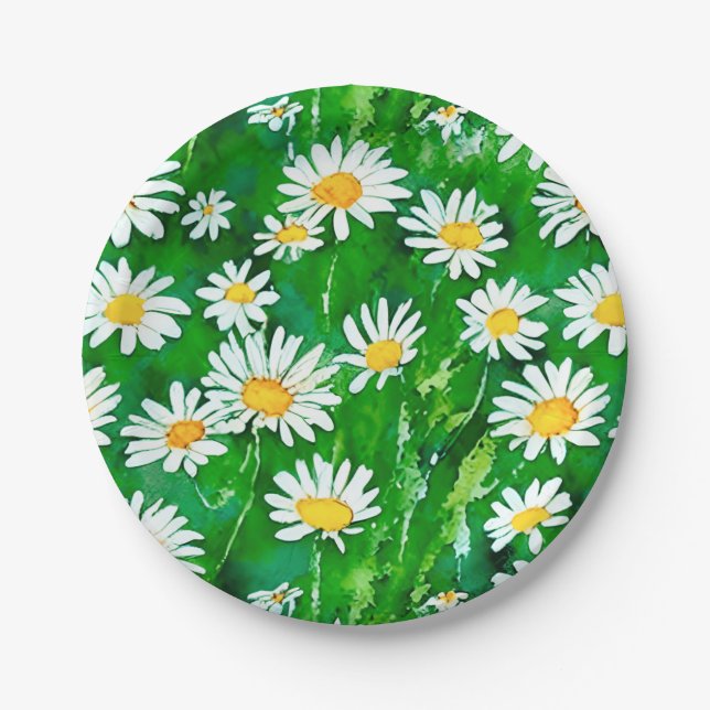 Watercolor Daisies in a Green Field Paper Plate (Front)