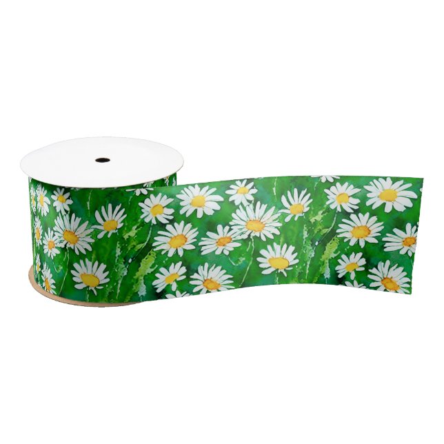 Watercolor Daisies in a Green Field Satin Ribbon (Spool)