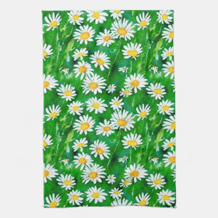 Watercolor Daisies in a Green Field Tea Towel