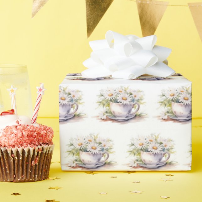 Watercolor Daisies In Coffee Cup With Saucer Wrapping Paper (Birthday Party)