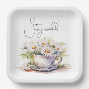 Watercolor Daisies In Coffee Cup With Text Paper Plate