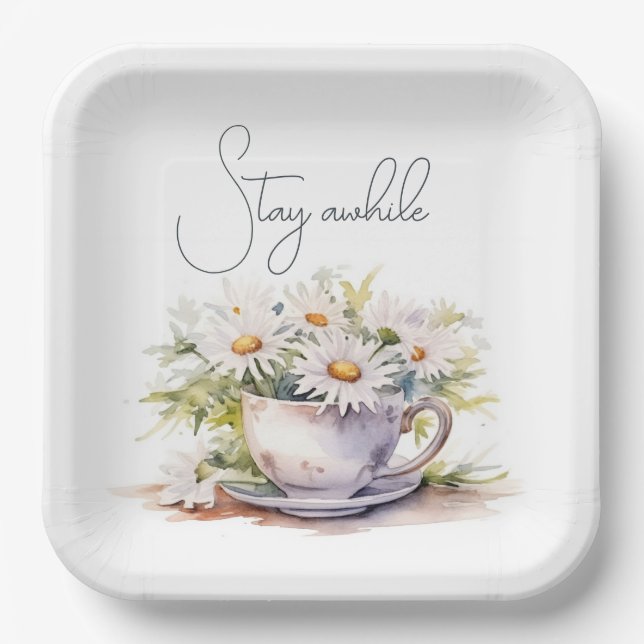 Watercolor Daisies In Coffee Cup With Text Paper Plate (Front)