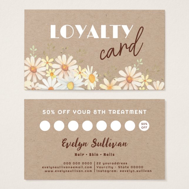 Watercolor daisies kraft paper loyalty card (Front & Back)