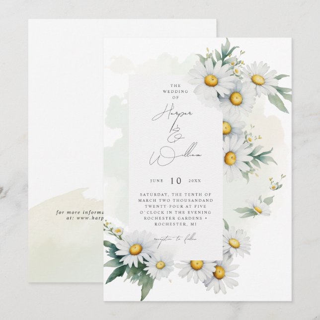 Watercolor daisies off-centred wedding invitation (Front/Back)