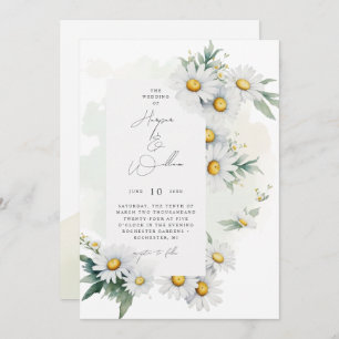 Watercolor daisies off-centred wedding invitation