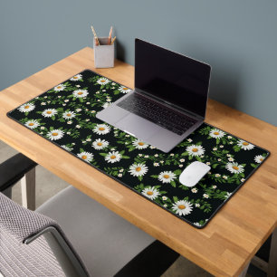 Watercolor Daisies On Black Desk Mat