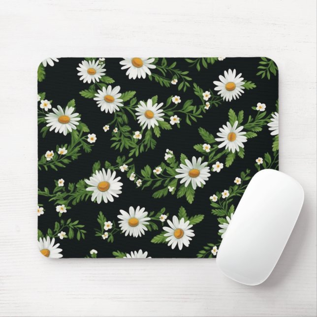 Watercolor Daisies On Black Mouse Mat (With Mouse)
