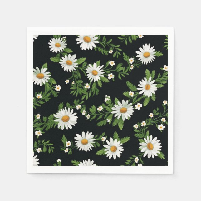Watercolor Daisies On Black Napkin (Front)