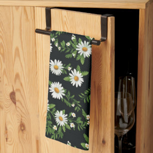Watercolor Daisies On Black Tea Towel