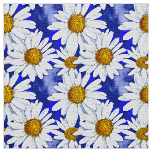 Watercolor Daisies on Denim Blue  Fabric