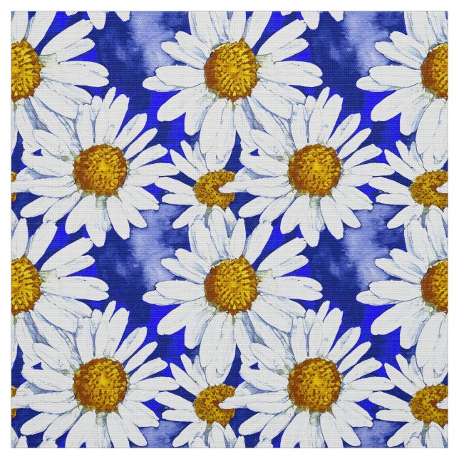 Watercolor Daisies on Denim Blue  Fabric (Swatch)
