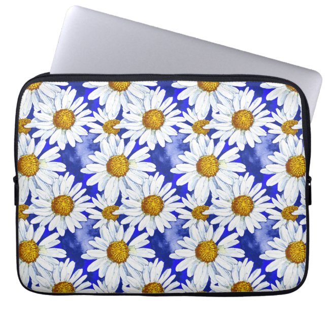 Watercolor Daisies on Denim Blue Laptop Sleeve (Front)