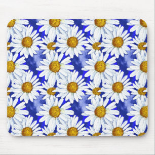 Watercolor Daisies on Denim Blue Mouse Mat
