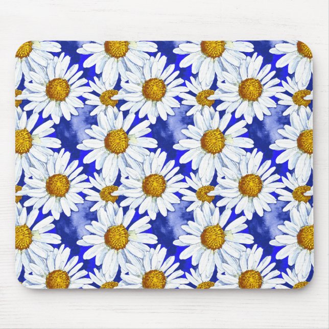 Watercolor Daisies on Denim Blue  Mouse Mat (Front)