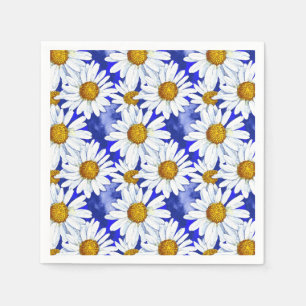 Watercolor Daisies on Denim Blue Napkin