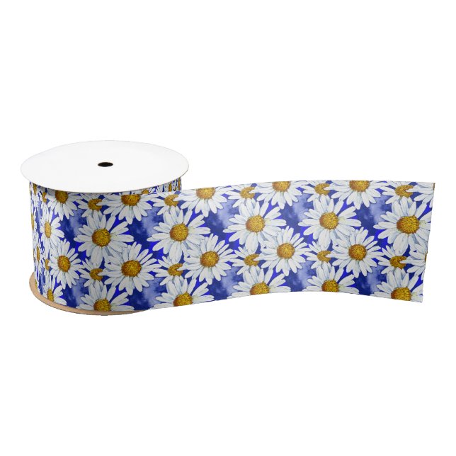 Watercolor Daisies on Denim Blue  Satin Ribbon (Spool)