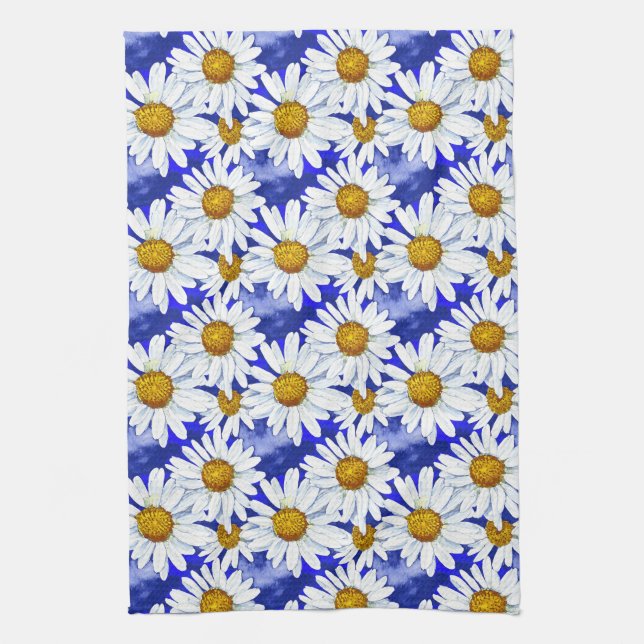Watercolor Daisies on Denim Blue   Tea Towel (Vertical)