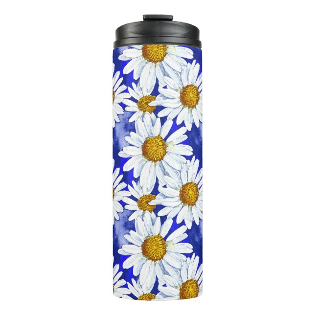 Watercolor Daisies on Denim Blue Thermal Tumbler (Front)