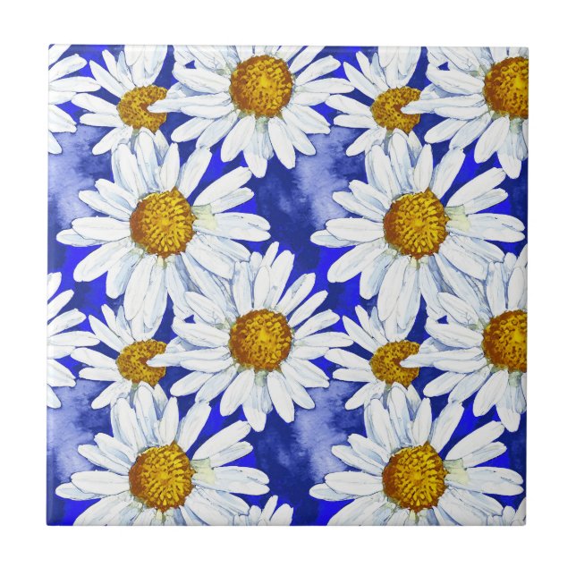 Watercolor Daisies on Denim Blue Tile (Front)