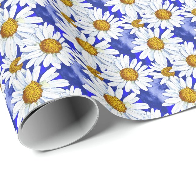Watercolor Daisies on Denim Blue  Wrapping Paper (Roll Corner)