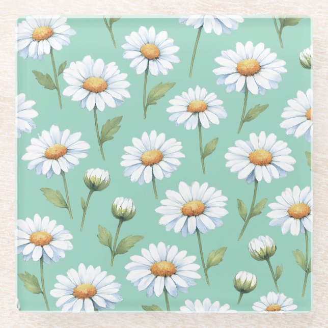 Watercolor daisies on  glass coaster (Front)