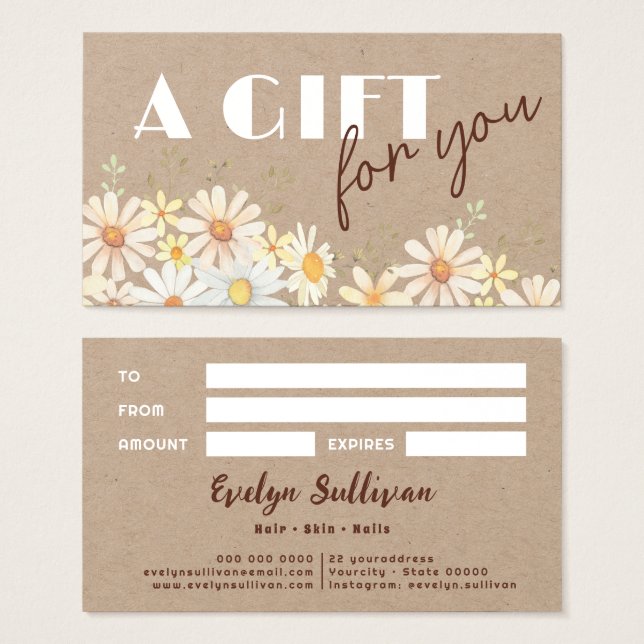 Watercolor daisies on kraft paper gift card (Front & Back)