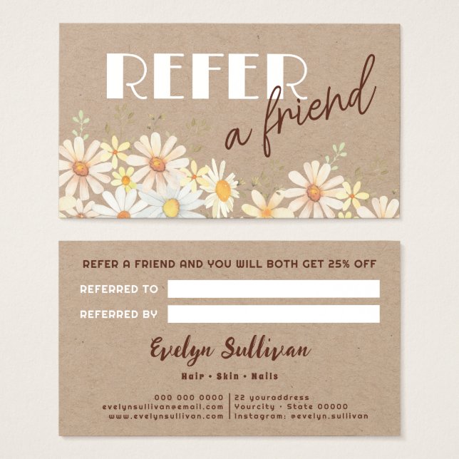 Watercolor daisies on kraft paper referral card (Front & Back)
